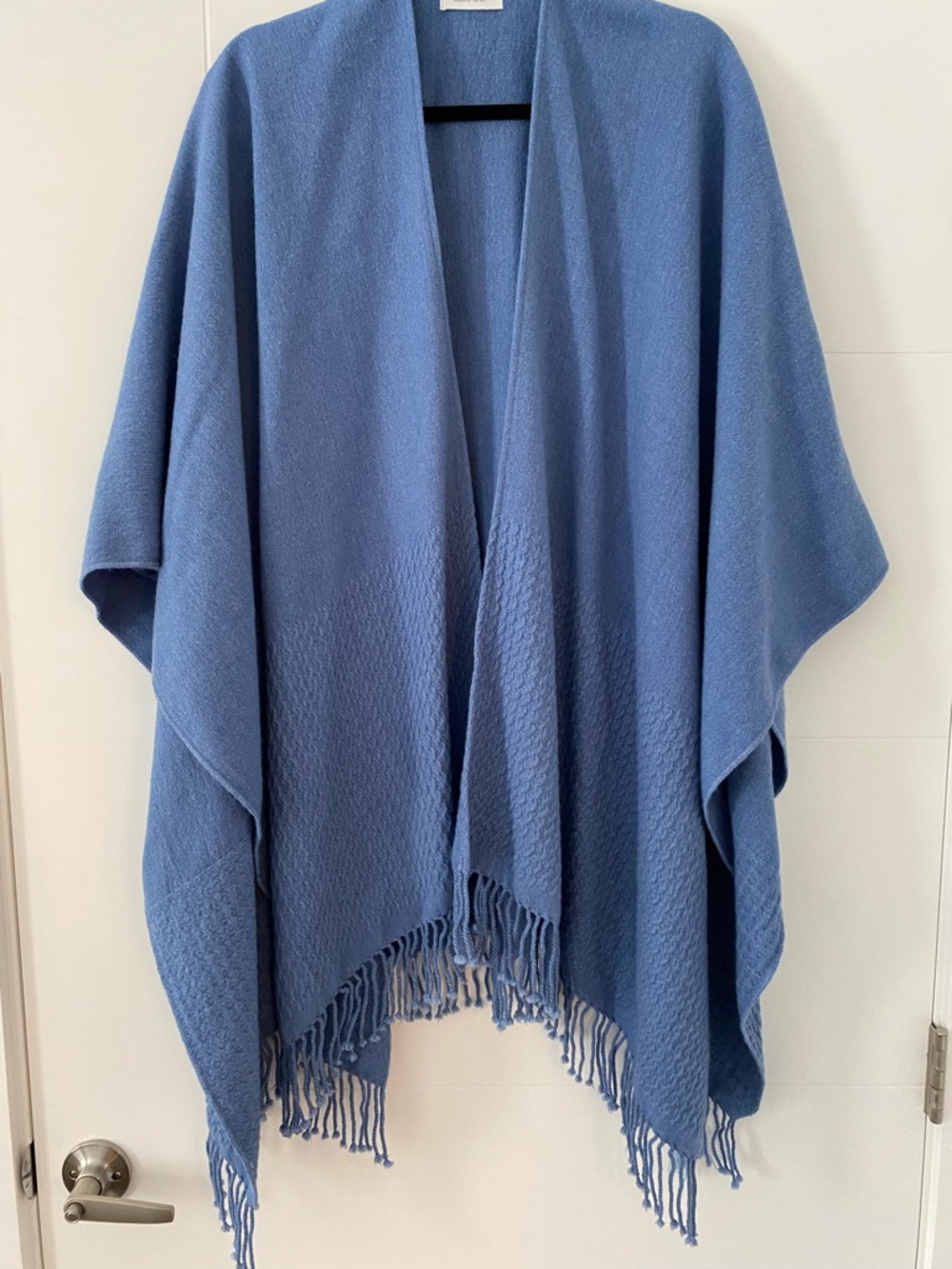 Mer Sea Blue Knit Poncho One Size Cozy Fringe Shawl Wrap Soft Lightweight